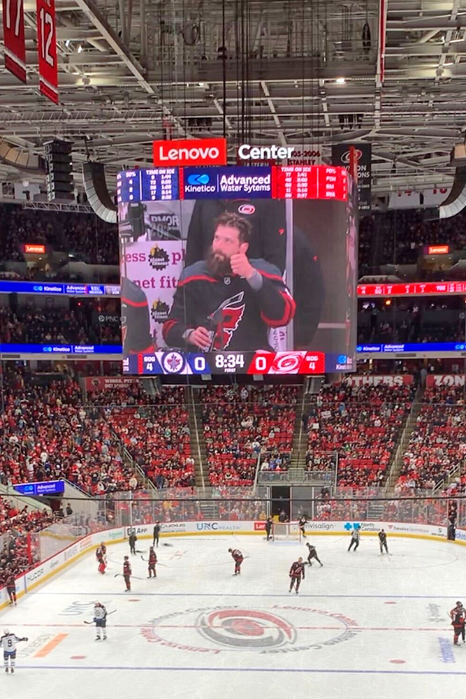Brent Burns on jumbotron, birthday game